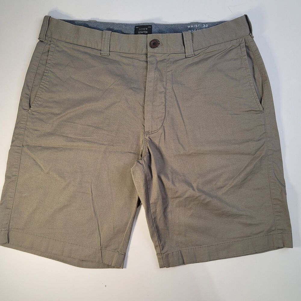 J.Crew Mens Shorts 32"x 9 " Flat Front Chino Casual Classic Stretch Olive Drab